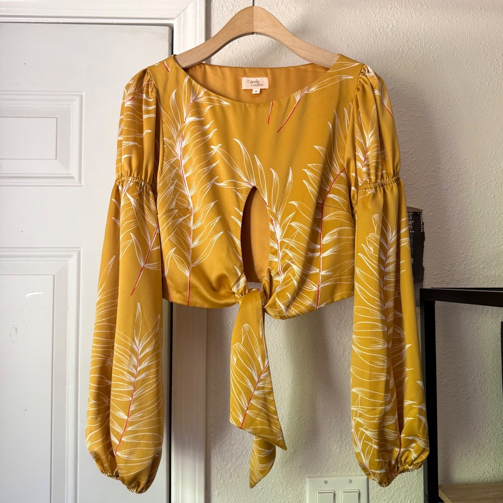 CAMILA COELHO mustard yellow botanical tropical tie front boat cropped puff top